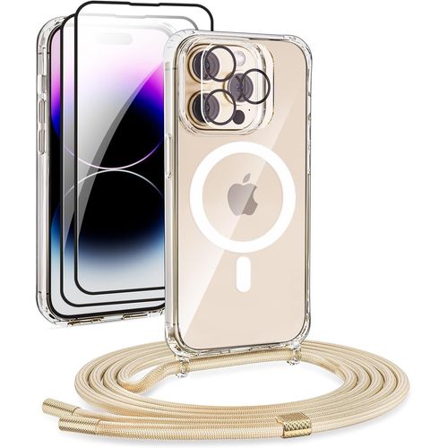 Pack 2 Coques Transparentes Iphone 15 Pro Max Avec Sangle Magnétique Dorée Amovible - Compatible Magsafe, Tpu Souple Et Protection Renforcée
