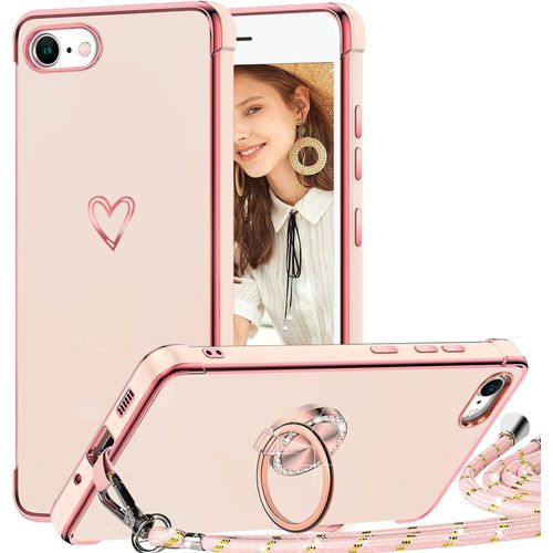 Coque iPhone 7/8/SE 2020/SE 2022 ¿ Bumper TPU souple anti-chocs, motif coeur et liseré doré, cordon réglable/amovible + anneau support 360° ¿ Rose