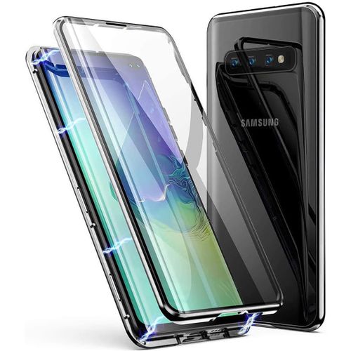 Coque Magnétique 360° Pour Samsung Galaxy S10e (5,8"") - Cadre Métal Argenté, Double Verre Trempé 9h, Ultra-Fine 0,33 Mm, Transparente Anti-Rayures