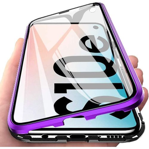 Coque Aimantée Pour Samsung Galaxy S10e ¿ Cadre Métal Ultra-Fin, Verre Trempé Avant Et Arrière, Protection 360° (Violet/Noir)