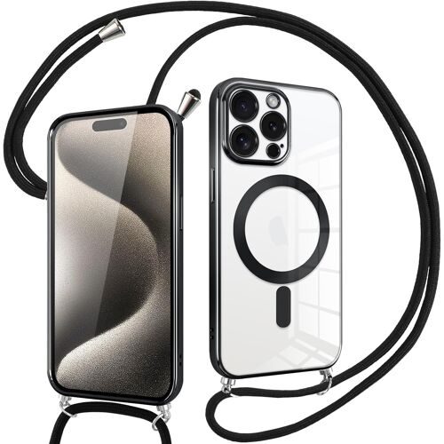 TRAHOO-Coque pour iPhone 15 Pro Max avec Cordon, Compatible avec MagSafe, Transparent Silicone Ultra Mince Housse avec Collier Cordage, Magnétique Case pour iPhone 15Pro Max, Noir