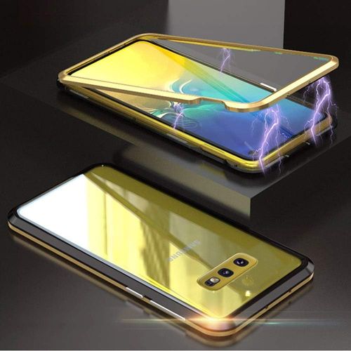 Coque Magnétique 360° Aimantée Pour Samsung Galaxy S10e - Avant Et Arrière En Verre Trempé 9h, Cadre Aluminium Antichoc, Transparente Or, Compatible Charge Sans Fil