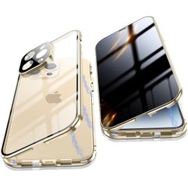 Coque iPhone 14 Pro (6,1"") 360° Protection Anti-espion Verre Trempé Confidentialité, Bumper Métal Aimanté à Adsorption Multipoint, Dos Transparent Compatible Charge Sans Fil - Or