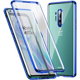 Coque Magnétique 360° Oneplus 8 Pro ¿ Bumper Métal Antichoc, Dos En Verre Trempé Transparent Avec Protection Écran 9h, Bleu