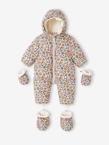 Combi-Pilote Fleurie Bébé Doublée Polaire Beige Clair Imprime