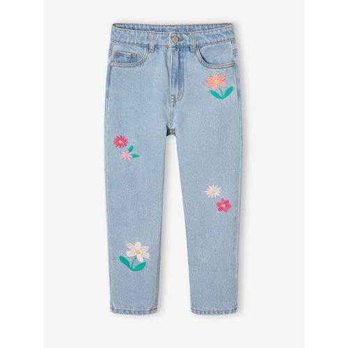 Jean Mom Brodé Fleurs Fille Bleu Clair