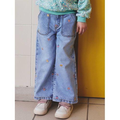 Jean large brodé motifs fantaisie fille bleu clair