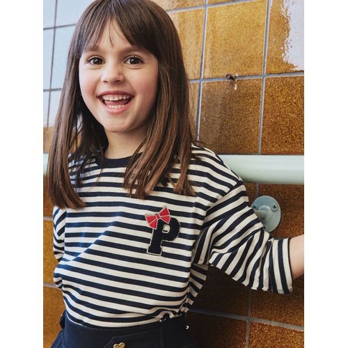 T-Shirt Rayé Patch Et Noeud Fantaisie Fille Rayé Marine