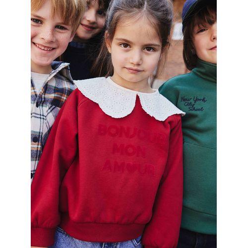 Sweat À Col Brodé Fille Message Flock Velours Rouge