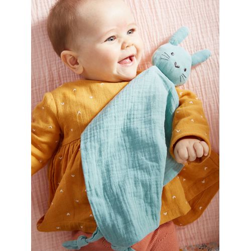 Doudou personnalisable en gaze de coton + hochet rond vert