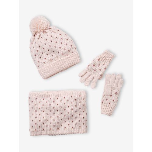 Ensemble Bonnet + Snood + Gants Coeurs Fille Basics Rose