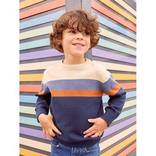 Pull Colorblock Rayé Garçon Maille Fine Raye Ecru