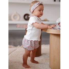Coffret cadeau ensemble bébé t-shirt + bloomer + bandeau + doudou écru