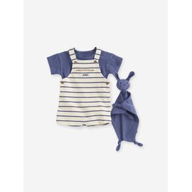 Coffret 3 pièces tee-shirt + salopette personnalisable + doudou bébé rayé bleu