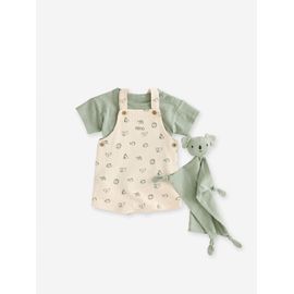 Coffret 3 pièces tee-shirt + salopette personnalisable + doudou bébé vert sauge