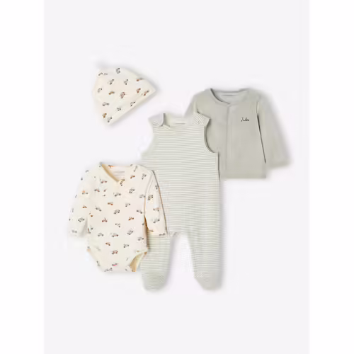 Ensemble Naissance Body + Salopette + Bonnet + Gilet Personnalisable Vert D'eau