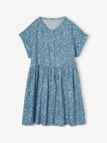Robe À Fleurs Boutonnée Fille Bleu Ciel