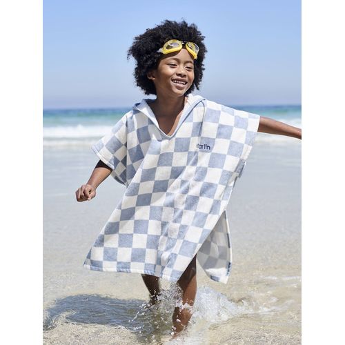 Poncho De Bain / Plage Enfant Personnalisable, Avec Coton Recyclé Carreaux Bleu