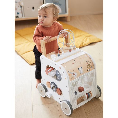 Chariot de marche cube d'activités avec freins en bois FSC® multicolore