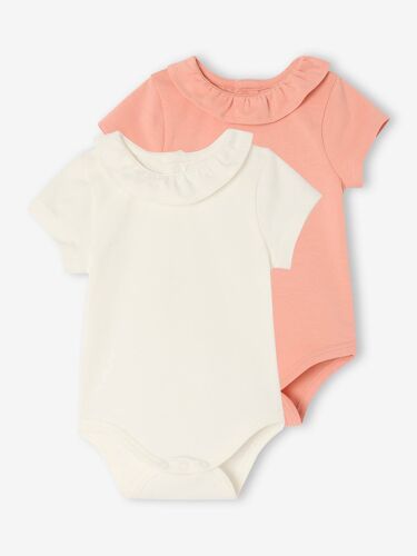 Lot De 2 Bodies Bébé Col Fantaisie Manches Courtes Ouverture Dos Corail