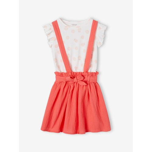 Ensemble Fille T-Shirt À Volants Et Jupe À Bretelles En Gaze De Coton Corail