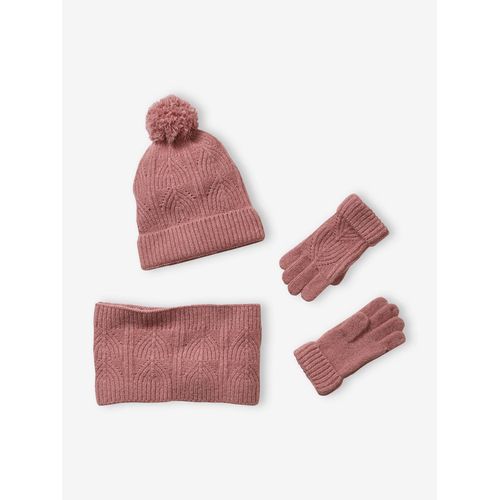 Ensemble Bonnet + Snood + Moufles En Maille Torsadée Mousseuse Rose