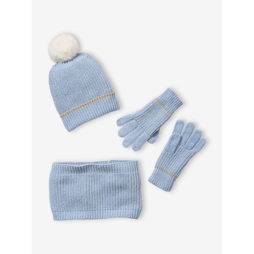 Ensemble Bonnet + Snood + Gants Maille Chenille Fille Bleu Clair