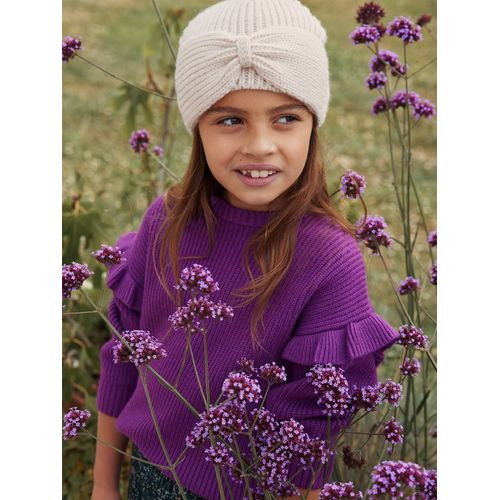 Bonnet Fille En Maille Côtelée Avec Noeud Fantaisie Beige Chiné