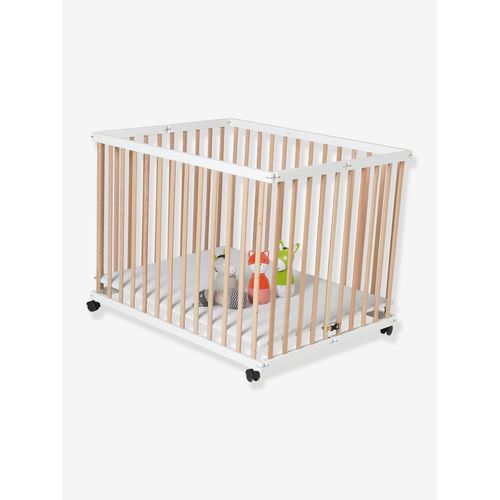 Parc En Bois Pliant Bicolore Naturel/Blanc