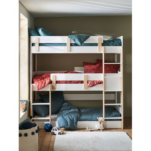 Lit Superposé Triple Everest 90x190cm Blanc/Bois