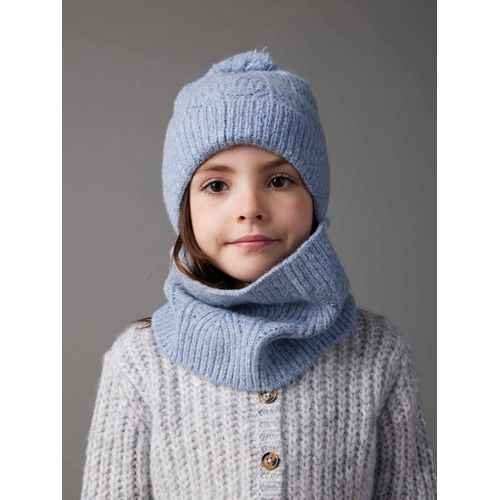Ensemble Bonnet + Snood + Moufles En Maille Torsadée Mousseuse Bleu Grisé