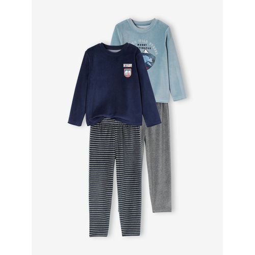 Lot De 2 Pyjamas Garçon Velours Nature Basics Lot Bleu Et Gris