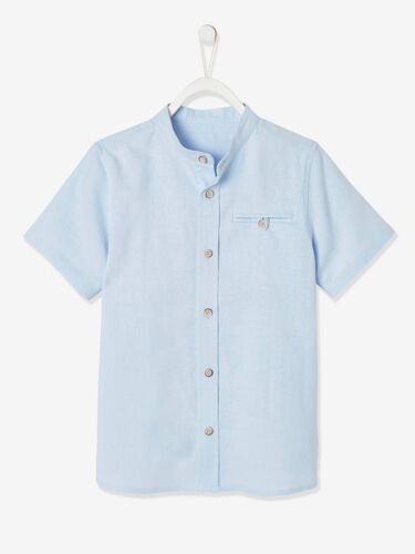Chemise Col Mao Garçon En Coton/ Lin Manches Courtes Bleu Ciel