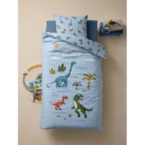 Parure Housse De Couette + Taie D'oreiller Enfant Avec Coton Recyclé Dino Friends Bleu Glacier