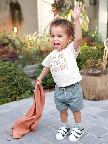 Short Sergé Taille Élastiquée Bébé Garçon Vert De Gris