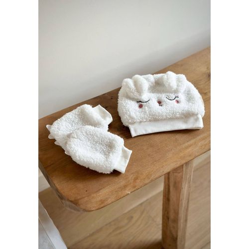 Bonnet Bébé En Sherpa + Moufles Alaska Ecru