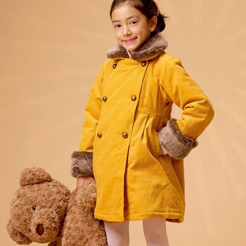 Manteaueau Long Velours Col Fausse Fourrure Anoushka Jaune Marron