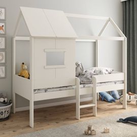 Lit Cabane Surélevé Avec Sommier Pin Massif Et Imitation Bois Ambre Blanc