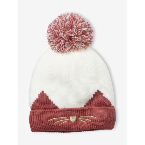 Bonnet Brodé Chat En Maille Côtelée Rose Foncé