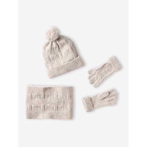 Ensemble Bonnet + Snood + Moufles En Maille Torsadée Mousseuse Écru