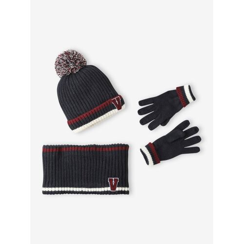 Ensemble Bonnet + Snood + Gants En Maille Côtelée Garçon Marine