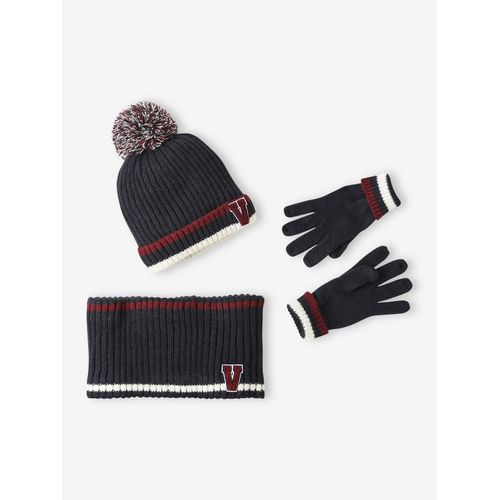 Ensemble Bonnet + Snood + Gants En Maille Côtelée Garçon Marine
