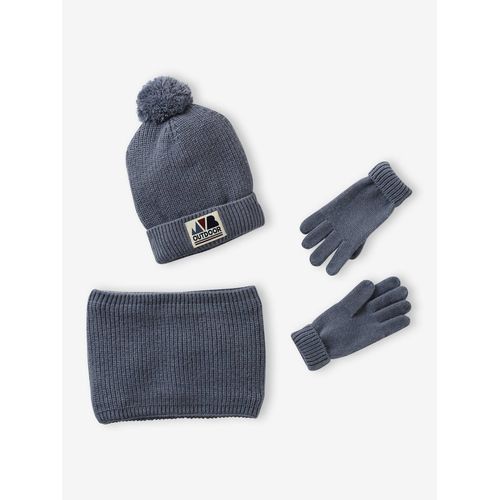 Ensemble Garçon Bonnet + Snood + Moufles/Gants « Outdoor » Bleu Grisé