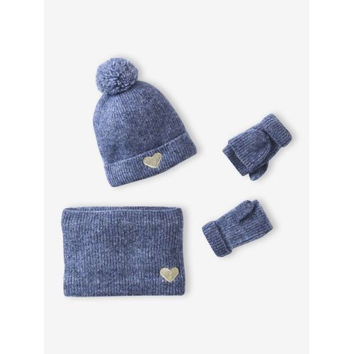 Ensemble Fille Bonnet « C½Ur » + Snood + Moufles/Mitaines Marine