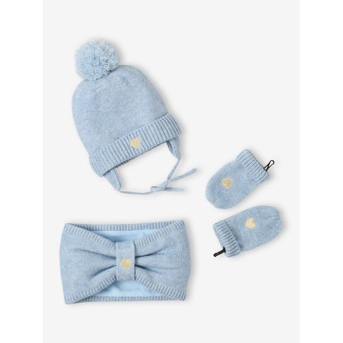 Ensemble Bonnet + Snood + Moufles Coeur Bébé Fille Bleu Glacier