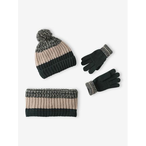 Ensemble Colorblock Bonnet + Snood + Gants Garçon Vert Sapin