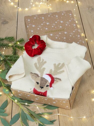 Coffret De Noël Pull Jacquard Motif Animal + Accessoire Fille Écru