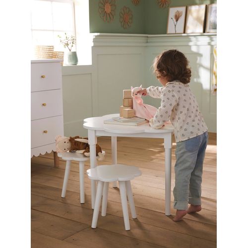 Lot De 2 Tabourets + Table Fleurs Blanc