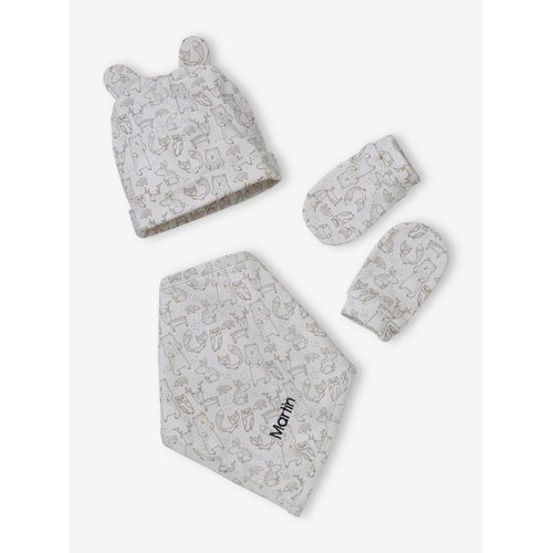 Ensemble Bonnet + Moufles + Foulard + Sac Bébé Imprimé Personnalisable Taupe