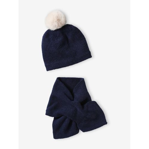 Ensemble Bonnet À Pompon + Écharpe Fille En Maille Mousseuse Marine